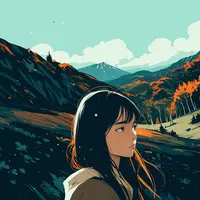 anima - 1girl, portrait, outdoors, scenery, mountainous horizon
