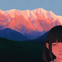 anima - 1girl, portrait, outdoors, scenery, mountainous horizon
