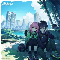 anima - 1girl, 1boy, hinamori amu, sitting, side-by-side, hiking clothes, ruins, city, shugo chara!