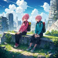 anima - 1girl, 1boy, hinamori amu, sitting, side-by-side, hiking clothes, ruins, city, shugo chara!
