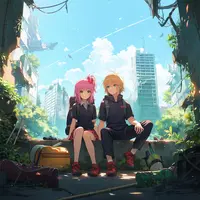 anima - 1girl, 1boy, hinamori amu, sitting, side-by-side, hiking clothes, ruins, city, shugo chara!