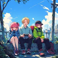 anima - 1girl, 1boy, hinamori amu, sitting, side-by-side, hiking clothes, ruins, city, shugo chara!