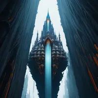 anima - floating castle, scenery. Seen from below, waterfalls cascade down from this stunning architectural innovation.