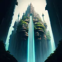 anima - floating castle, scenery. Seen from below, waterfalls cascade down from this stunning architectural innovation.