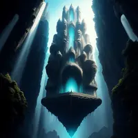 anima - floating castle, scenery. Seen from below, waterfalls cascade down from this stunning architectural innovation.