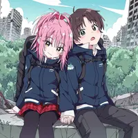 wanima-cute - 1girl, 1boy, hinamori amu, sitting, side-by-side, hiking clothes, ruins, city, shugo chara!