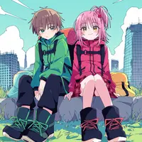 wanima-cute - 1girl, 1boy, hinamori amu, sitting, side-by-side, hiking clothes, ruins, city, shugo chara!