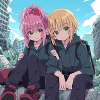 wanima-cute - 1girl, 1boy, hinamori amu, sitting, side-by-side, hiking clothes, ruins, city, shugo chara!