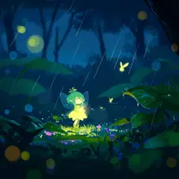 wanima-cute - macro photo, rainy forest, 1girl, glowing, night, fantasy, fairy forest, colorful details, bokeh