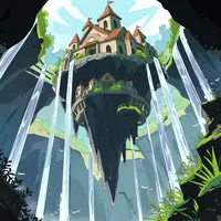 wanima-cute - floating castle, scenery. Seen from below, waterfalls cascade down from this stunning architectural innovation.