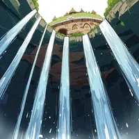 wanima-cute - floating castle, scenery. Seen from below, waterfalls cascade down from this stunning architectural innovation.