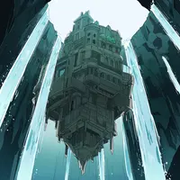 wanima-cute - floating castle, scenery. Seen from below, waterfalls cascade down from this stunning architectural innovation.