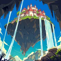 wanima-cute - floating castle, scenery. Seen from below, waterfalls cascade down from this stunning architectural innovation.