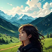 wanima - 1girl, portrait, outdoors, scenery, mountainous horizon