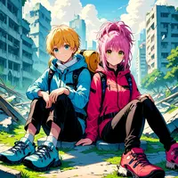 wanima - 1girl, 1boy, hinamori amu, sitting, side-by-side, hiking clothes, ruins, city, shugo chara!