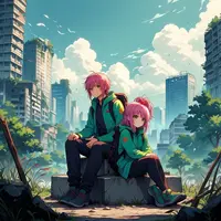 wanima - 1girl, 1boy, hinamori amu, sitting, side-by-side, hiking clothes, ruins, city, shugo chara!