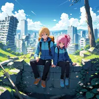 wanima - 1girl, 1boy, hinamori amu, sitting, side-by-side, hiking clothes, ruins, city, shugo chara!
