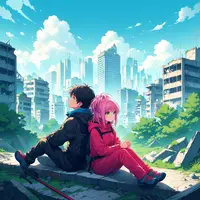 wanima - 1girl, 1boy, hinamori amu, sitting, side-by-side, hiking clothes, ruins, city, shugo chara!