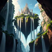 wanima - floating castle, scenery. Seen from below, waterfalls cascade down from this stunning architectural innovation.