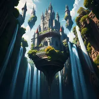 wanima - floating castle, scenery. Seen from below, waterfalls cascade down from this stunning architectural innovation.