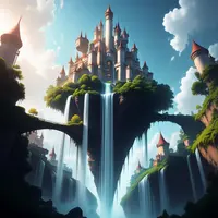 wanima - floating castle, scenery. Seen from below, waterfalls cascade down from this stunning architectural innovation.