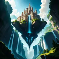 wanima - floating castle, scenery. Seen from below, waterfalls cascade down from this stunning architectural innovation.